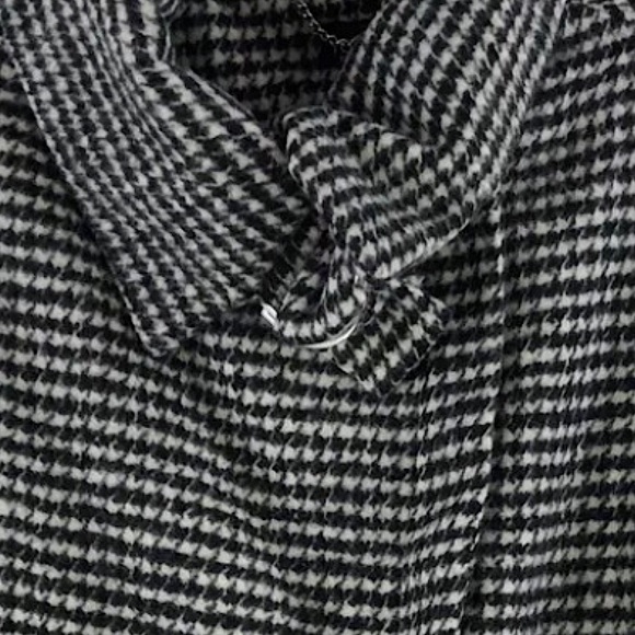 TOPSHOP B/W Houndstooth Wool Blend Pea Coat w Belted Collar & Hem Zipper Pockets - Picture 2 of 13